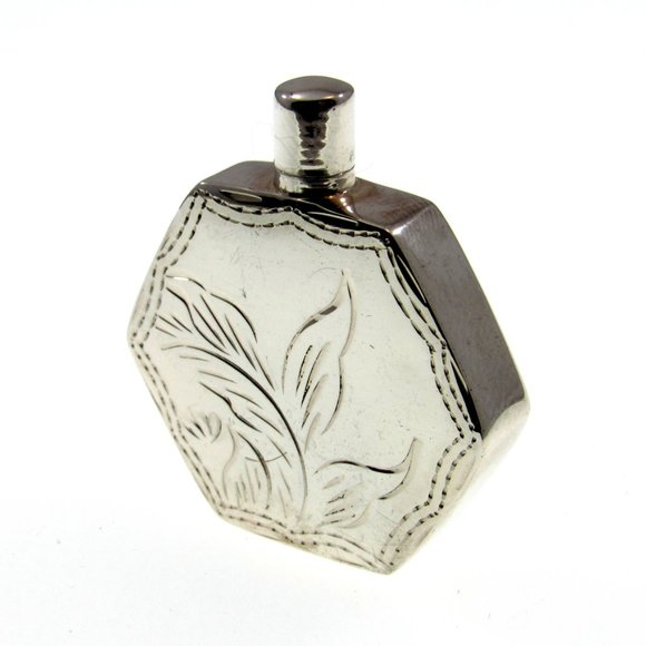 Solid 925 Sterling Silver Etched Floral Hexagon Perfume Bottle with Dip Stick - Picture 6 of 8